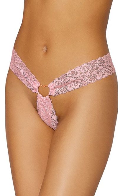 Stretch Lace Open Crotch Thong Candy Pink O-s