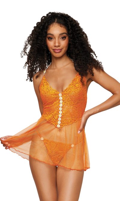 Floral Lace & Mesh Babydoll W/ White Daisy Trim Tangerine