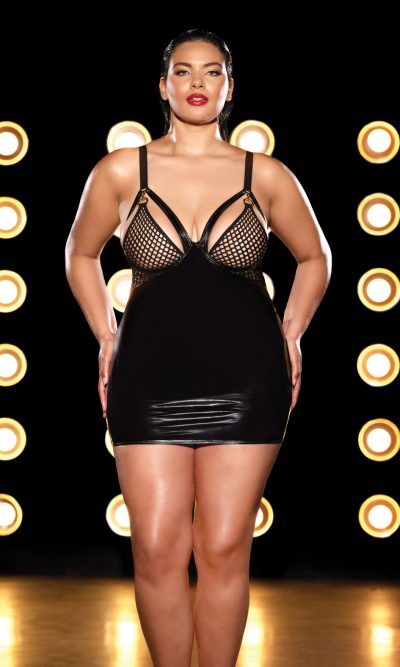 FETISH Excitement Fishnet & Vinyl Fitted Babydoll w/D-Ring & Metal Clasp Black 2X