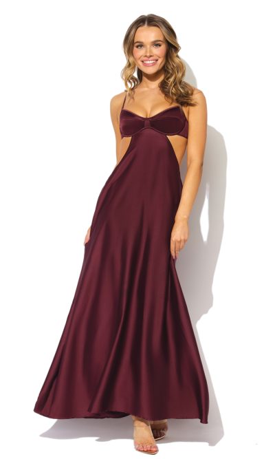 Brigeta Satin Cut Out Long Dress - Burgundy LG