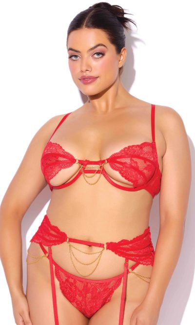 Cecily Lace Cut-Out Bra & Thong w/Garter Straps - Red 3X/4X