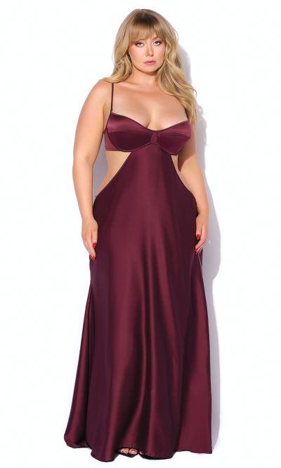 Brigeta Satin Cut Out Long Dress - Burgundy 1X/2X