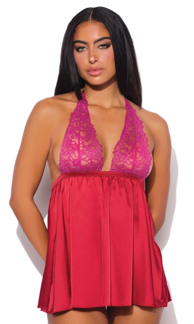 Jocelyn Lace & Satin Halter Mini Babydoll Dress w/Thong - Raspberry LG