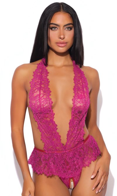 Jocelyn Lace Halter Teddy w/Open Crotch - Raspberry LG