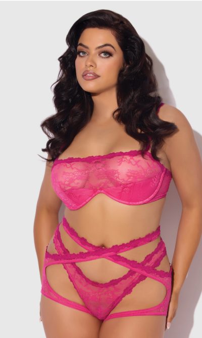 Yvone Lace Bra w/Removable Straps, Garter & Tanga Panty 3 pc Set - Pink 1X/2X