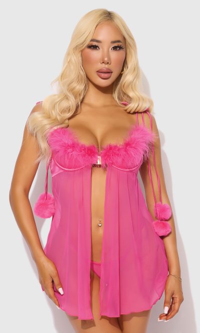 Marilyn Marabou & Mesh Babydoll & G-String Set - Pink 3X/4X