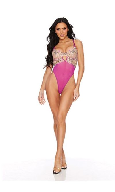 Embroidered Lace Underwire Teddy w/Snap Crotch - Orchid - Medium